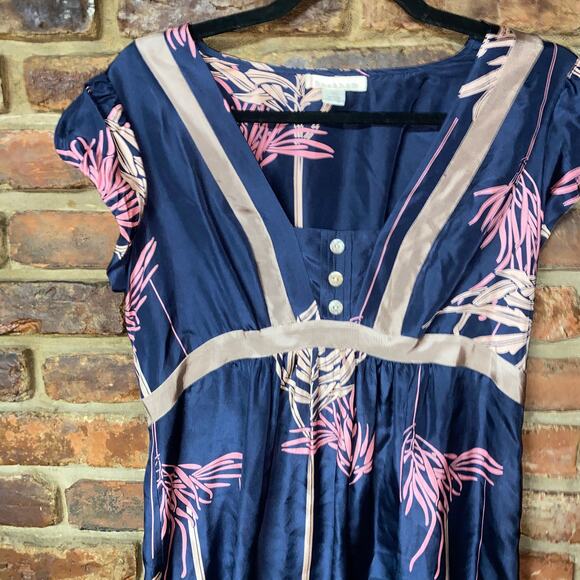 Harkham Navy Blue Floral Silk Short Sleeve Mini Dress Women's Size 6 - Picture 2 of 6